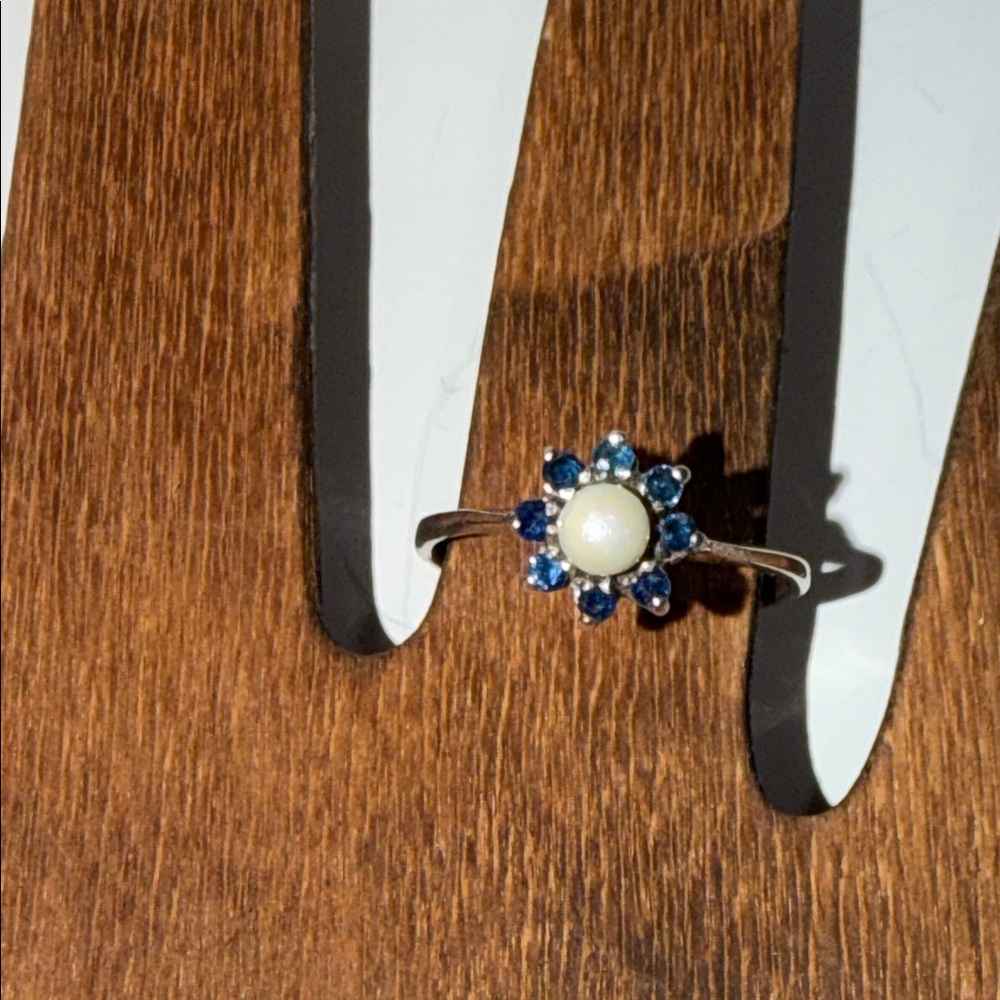 Delicate 925 Sterling Silver Pearl and Blue Gemstone Ring, Size 5.25-5.5